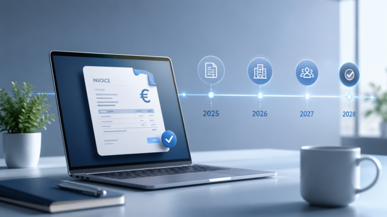 Laptop mit digitaler Rechnung und Zeitstrahl von 2025 bis 2028