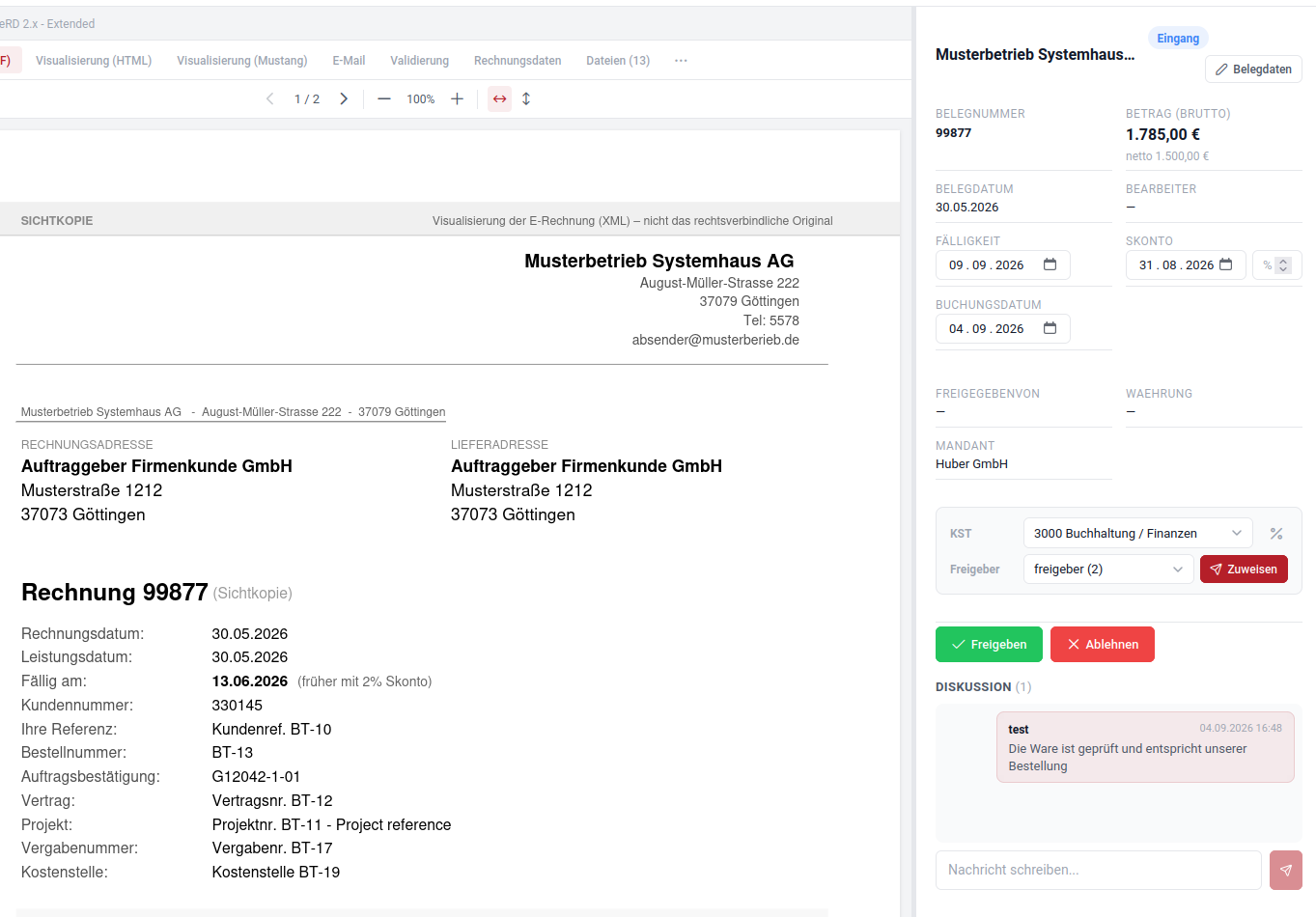 Belegfreigabe in inoxision NG mit Rechnungsansicht, Freigabebereich und Diskussion