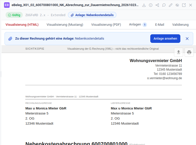 inoxision NG zeigt bei einer Muster-Nebenkostenabrechnung einen Hinweis auf die eingebettete Anlage und die Schaltfläche Anlage ansehen.