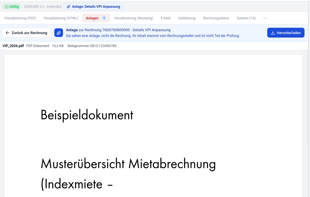 Geöffnete PDF-Anlage zur Indexmietberechnung in inoxision NG mit Rechnungsbezug, Download und Rückkehr zur Rechnung.